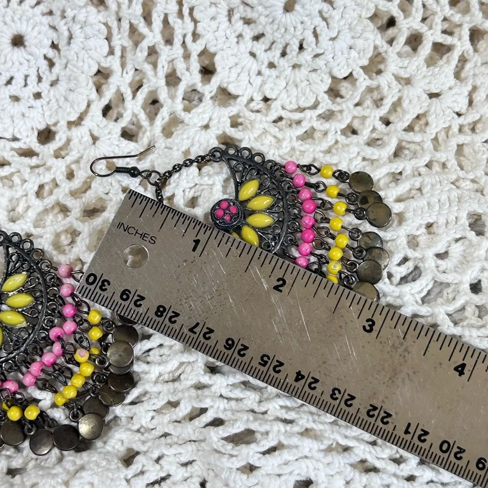 Dangle Hook Chandelier Earrings Boho Filigree Bead Pink Yellow Black Drop